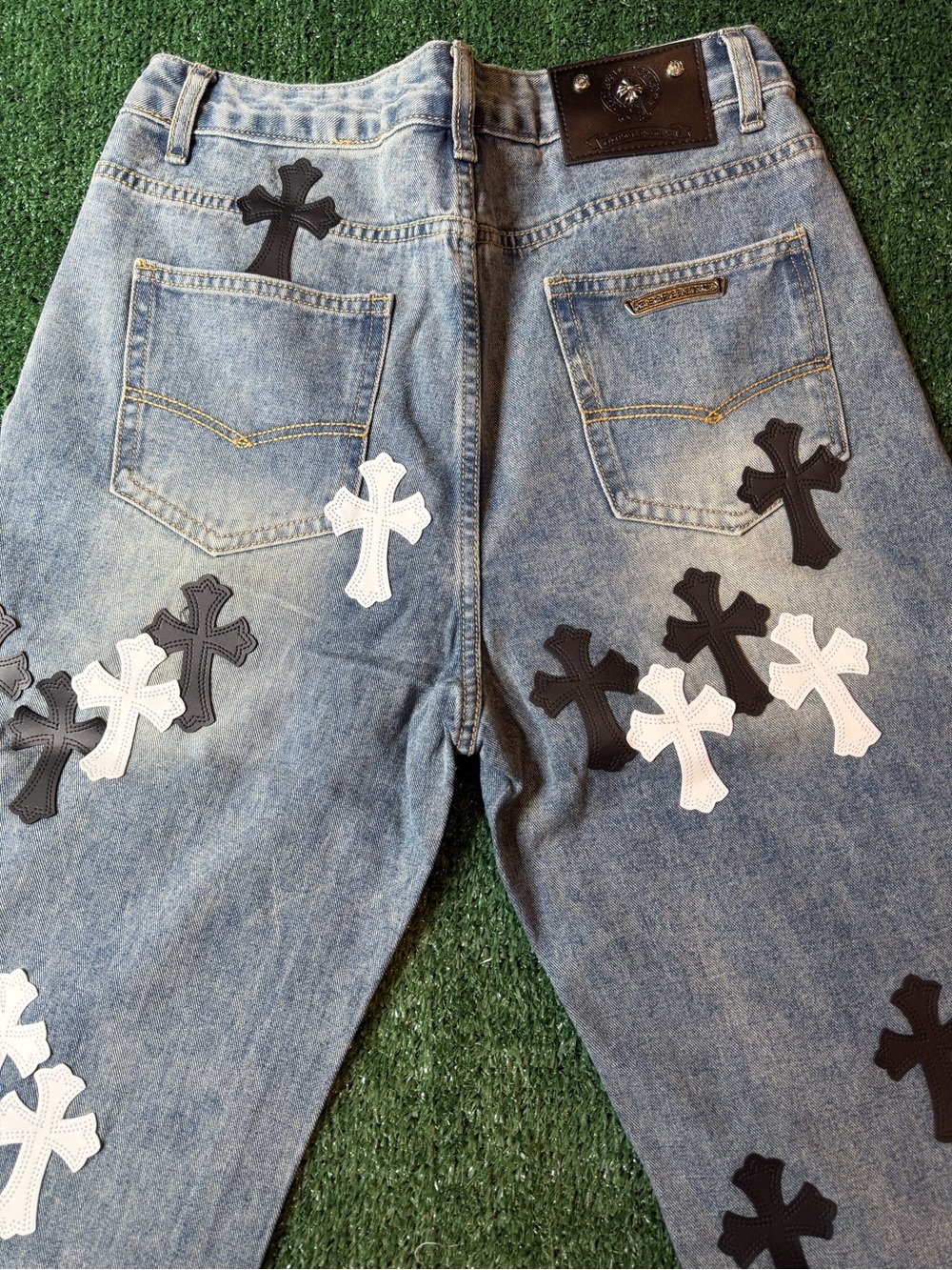 Light Blue Men’s Straight Denim Jeans with Black & White Cross Patches - Picture 4 of 11